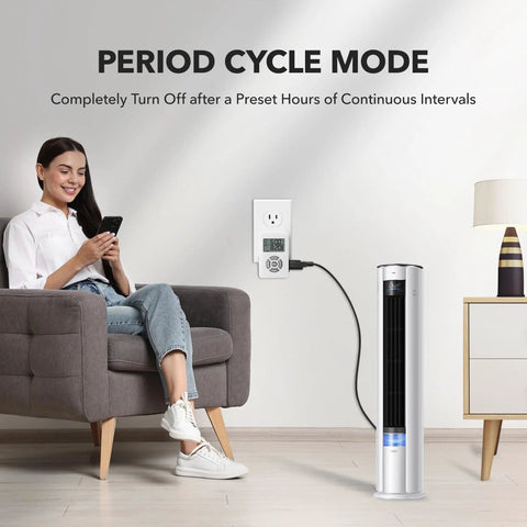 Digital Plug In Outlet Timer With Interval Repeat Cycle Offers Zero Fuss Setup And Rock Solid Reliability For Grow Lights Aquariums And Daily Home Automation Needs in use with fan and user.