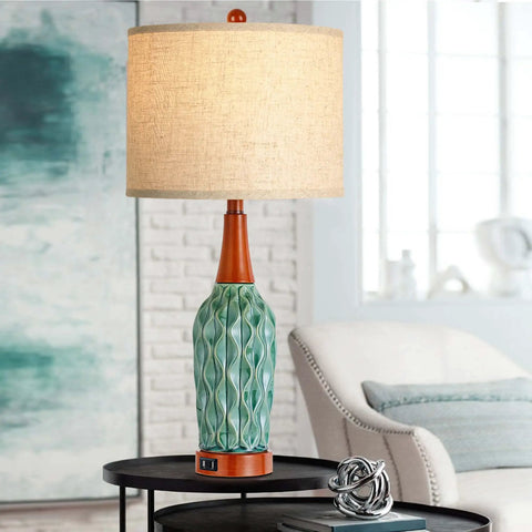 Vintage Ceramic Table Lamps Set Of 2 For Your Living Room And Bedroom Teal MCM Style Nightstand Lamps With USB Port 3 Way Dimmable Oatmeal Linen Shade Bulb Included, one lamp close-up on table