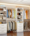Two Set Closet System With 6 Drawers, 8 Expandable Hanging Rods And Adjustable Shelves, Modular Wood Organizer Tower For Walk In Closets, Custom 5 To 14 Ft Closet Organizer White Finish installed in bedroom