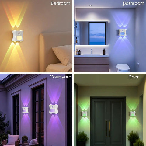 Motion Sensor Light Indoor with Remote, Rechargeable Wireless LED Sconce displayed in bedroom, bathroom, courtyard, and door.