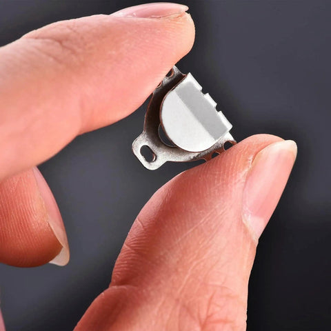 Super Tough Stainless Steel Hook And Eye Closures For Pants Skirts And Dresses Nickel Sewing Notions For Clothing Repair and Creative Do It Yourself Projects Hella Durable, held between fingers.