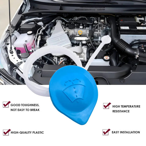 Washer Fluid Reservoir Cap With 60cm Ruler, blue plastic cap shown uninstalled with hood open in car engine compartment.