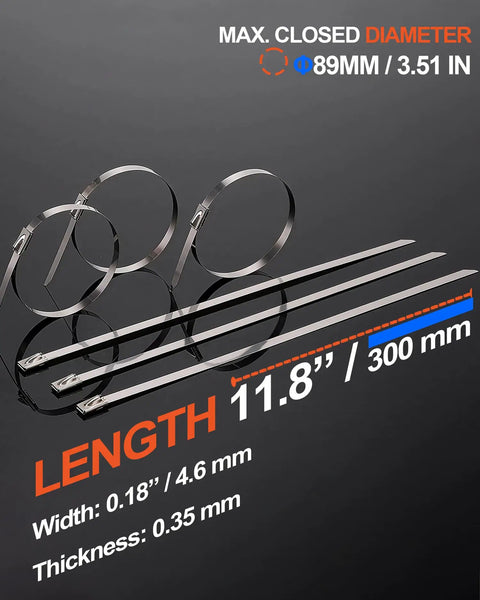 Heavy Duty Stainless Steel Zip Ties 304 Self Locking Cable Ties 11.8 Inch Pack Of 100 on dark background with measurements