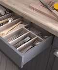 Open kitchen drawer with utensils on bottom mount drawer slides, 18 inch, heavy duty full extension steel tracks with soft close