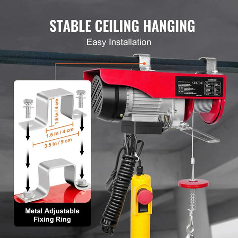 Badass 550 Pound Electric Hoist Crane Featuring Dead Simple Dual Remotes for No Sweat Lifting, shown with stable ceiling hanging and easy installation.
