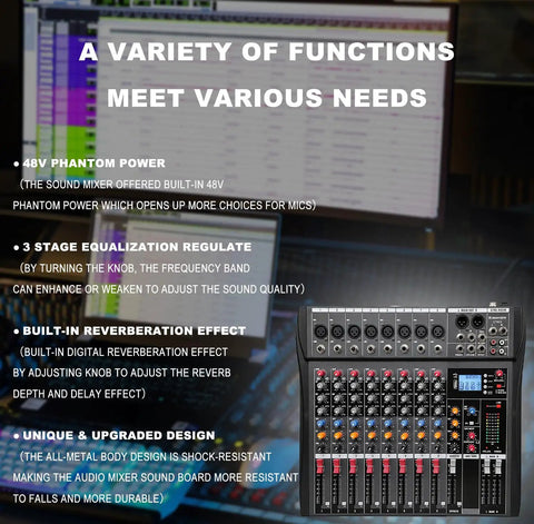 Eight Channel Professional Audio Mixer With 48V Phantom Power And USB Audio Interface For Live Shows against sound editing background