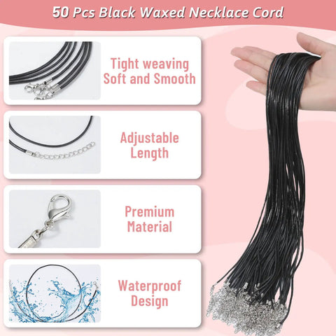 50 Pcs Black Waxed Cotton Necklace Cords 24 Inch With Clasps Bulk for Jewelry Making DIY Craft Supplies