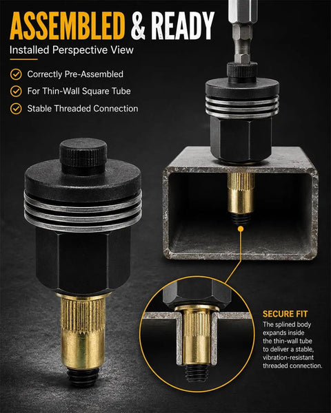 Pro Rivet Nut Tool Kit With M3 To M12 Mandrel Nosepiece Set And GRC15 Steel Jaw installed in thin-wall square tube with stable connection.