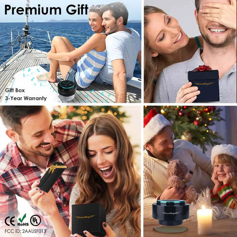 Collage showing Upgraded Pro Shower Speaker With IPX7 Waterproof Bluetooth Suction Cup Mount Silicone Lanyard as a gift option.