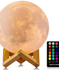 Moon Lamp 4.75 Inch 3D Printed LED Night Light With 16 Colors, Stand, Remote And Touch Control, USB Rechargeable Dope Mood Lighting For Birthday, Christmas, Valentine, And Home Decor on wooden stand with remote
