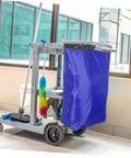 Heavy Duty Janitorial Cart Bag For Cleaning Crew Spacious Canvas Organizer For Housekeeping Gardens And Factories Replacement Bag Built Tough Interior Storage And Reusable Design, blue canvas bag on cleaning cart