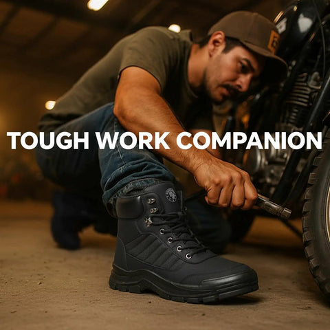 Man wearing Steel Toe Work Boots For Men And Women Slip Resistant Puncture Proof Safety Shoes Lightweight Comfort For All Day Wear ASTM F2413 18 Certified Durable Microfiber Upper Rugged Job Site Boots working on a motorcycle in a garage.