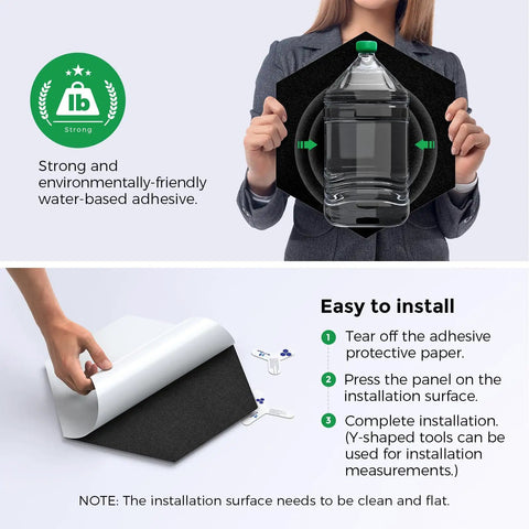 Cut Through Echo Chaos With Heavy Duty Self Adhesive Acoustic Panels Ultra High Density Polyester Sound Absorbing Foam Hexagon Wall Tiles installation guide, adhesive panel shown with bottle, detailed steps.