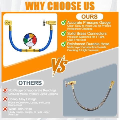 Comparison chart of R134A Car AC Refrigerant Charge Hose Kit With Gauge And Built In Safety Valve vs other hose.