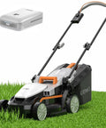 Cordless 13 Inch Electric Lawn Mower With 20V Battery Included Ultra Lightweight Walk Behind Lawn Tool For Garden Yard And Farm 5 Height Adjustments 3400 RPM Cutting Mows Up To 1300 Sq Ft Per Charge. battery and mower on grass