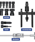 Motorcycle Bearing Puller Kit With Blind Puller And Slide Hammer Set, 12 piece set with eight collets, slide hammer, two jaw pullers