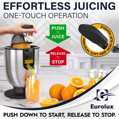 Eurolux Premium Electric Orange Juicer Featuring 160W High-Torque Motor For Commercial-Grade Citrus Squeezing Power with soft grip handle.