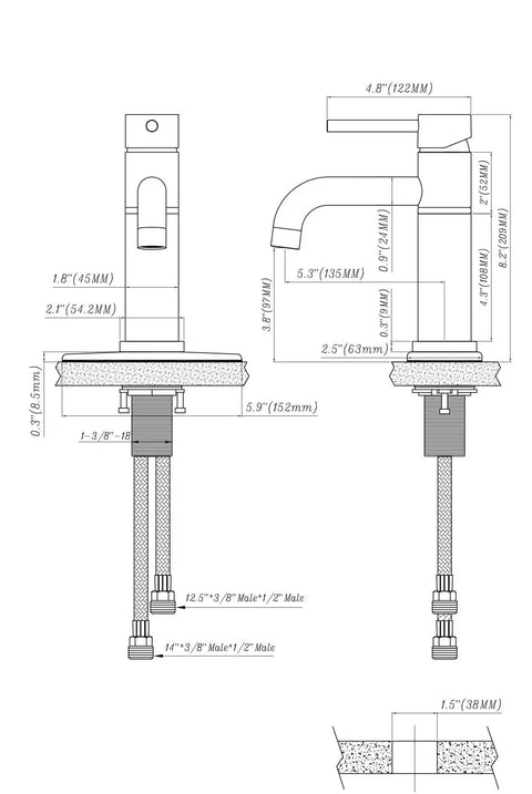 Technical drawing of RV Single-Handle Vessel Bathroom Sink Faucet In Chrome, showing dimensions and single hole mount