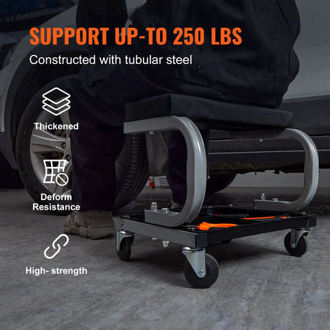Rolling Creeper Seat For Garage And Shop, Padded Mechanic Stool With Tool Tray Storage, 250 Lb Capacity, Easy Glide Casters, Steel Frame