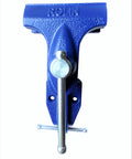 Top view of Handy 3 Inch Woodworking Vise Clamp For Home Shop Portable Table Vise With Easy Clamp On Steel Slide Rail Multi Jaw Function Built In Pipe Jaws Blue Finish