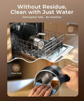 8 In 1 Milk Frother And Steamer With 21oz Capacity Detachable Design shown in a dishwasher and hand washing close-up