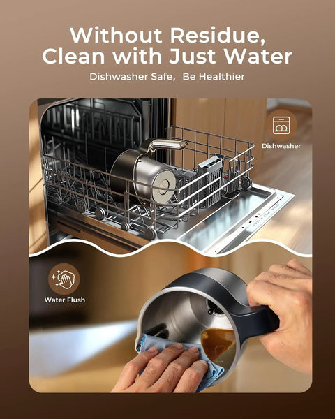 8 In 1 Milk Frother And Steamer With 21oz Capacity Detachable Design shown in a dishwasher and hand washing close-up