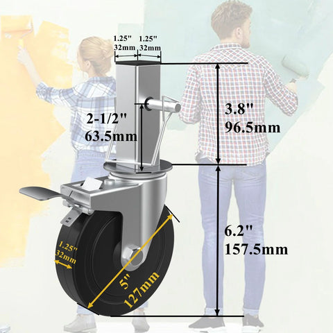 5 Inch Scaffolding Caster Set Of 4 With Heavy Duty Baker Wheels Dual Locking Brakes And Rubber Tires One And A Quarter Inch Square Stem Replacement For Six Foot Baker Scaffolds Each Caster Supports 440 Lbs Easy Swivel And Secure Lock shown with measurements.
