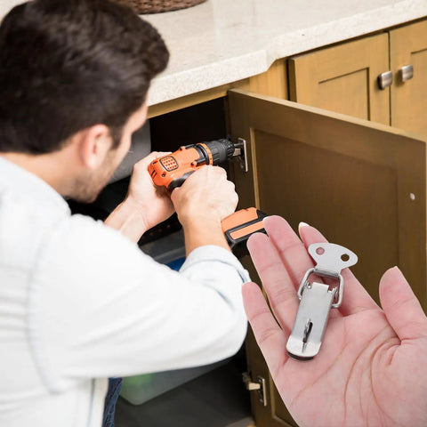 Heavy Duty 6 Set Stainless Steel Toggle Latch Catch Clasp Hardware For Easy Install Cabinet Hasp Spring Lock being installed on a cabinet.