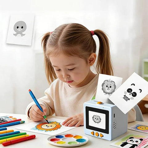 Smart AI Voice Controlled Thermal Sticker Printer With 2.4 Inch HD Display And Portable ABS Construction For Hassle Free Setup totally legit creative vibes with child drawing stickers.