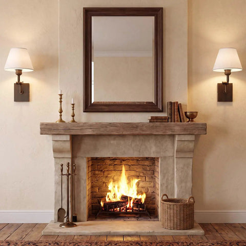YS.ESUDSI Swing Arm Vintage Wall Sconces with White Fabric Shade Hardwired beside a fireplace with a mirror.
