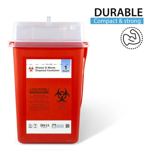 Home Safe Sharps Container 1 Quart For Easy Needle Disposal Small Biohazard Disposal Bin For Syringes Lancets Auto Injectors Blades Keeps Kids And Pets Safe, red plastic