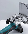 Killer 18V Cordless Biscuit Jointer illustrates the cutting blade and adjustable depth gauge for precise slot cuts.