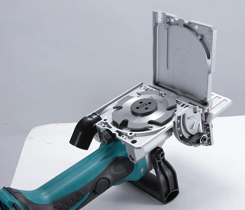 Killer 18V Cordless Biscuit Jointer illustrates the cutting blade and adjustable depth gauge for precise slot cuts.