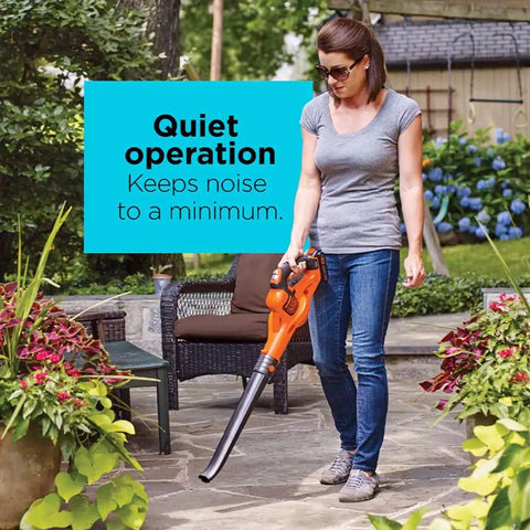 Woman using Cordless Sweeper With Power Boost For Quick Yard Cleanup On Driveways Decks And Garages Includes Battery And Charger 20V Max Leaf Blower Style Tool For Debris Removal on patio