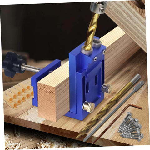 Pocket Hole Jig Kit For Precise Drilling And Easy Furniture Assembly Durable Aluminum Alloy Construction with Quick Clamp in use.
