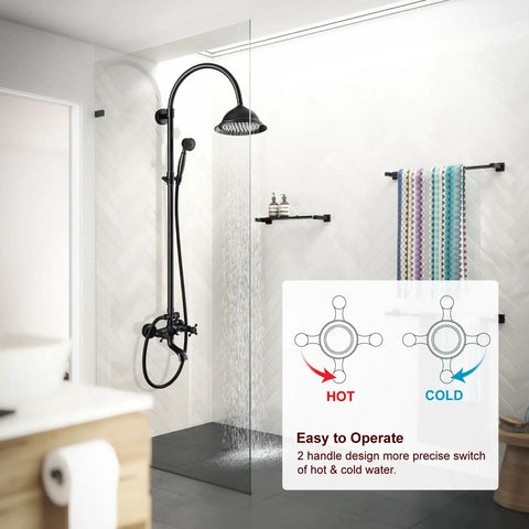 Oil Rubbed Bronze Exposed Pipe Shower System with 8 Inch Rainfall Round Head, Wall Mount Mixer in modern bathroom setting
