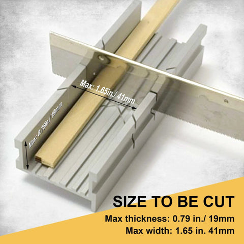 Hanpex aluminum small miter box (5.3-inch) with hand saw across; three cutting angles for wood and soft metal.