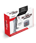 Packaging of Golf Swing Impact Bag Trainer to Fix Slices and Hooks with person demonstrating club impact position.