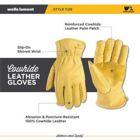 Heavy Duty Leather Work Gloves For Men With Grain Cowhide Leather, Reinforced Palm, Keystone Thumb, Saddletan Small