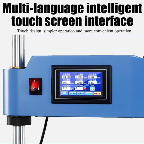 Rock Solid Vertical Electric Tapping Machine With One Meter Flexible Aluminum Arm And Auto Oil Blower For Precision Drilling Projects That Operate Hella Smooth Without Any Stress touch screen interface with settings and controls.