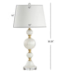 Pearl White Fluted Glass LED Table Lamp 30 Inch With Stacked Sphere Crystal Base White Faux Silk Shade Energy Saving LED Bulbs Included