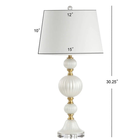 Pearl White Fluted Glass LED Table Lamp 30 Inch With Stacked Sphere Crystal Base White Faux Silk Shade Energy Saving LED Bulbs Included
