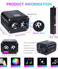 Product information for Dual Color Fiber Optic Star Ceiling Kit with App and Remote Control, showing RGBW LED chip dimensions and features.