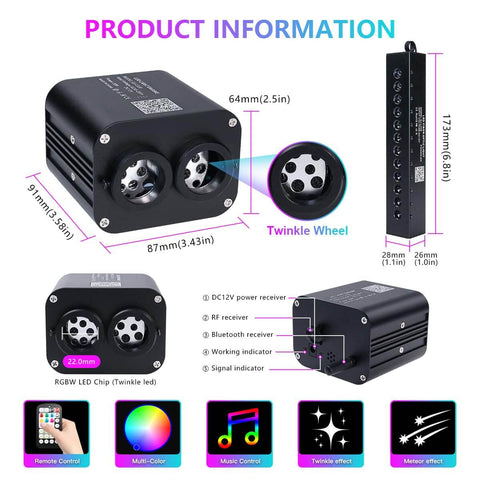 Product information for Dual Color Fiber Optic Star Ceiling Kit with App and Remote Control, showing RGBW LED chip dimensions and features.