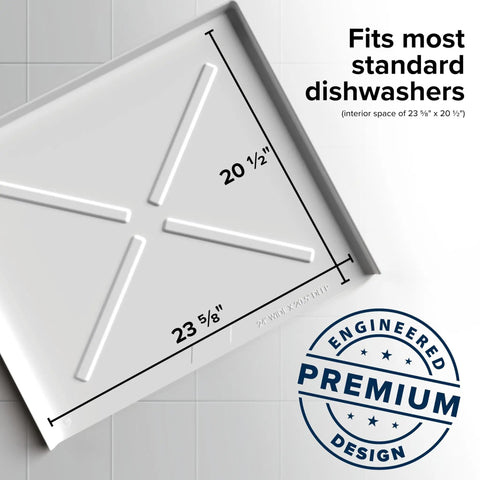 Dishwasher Drain Pan With Front Opening For Quick Leak Detection, Heavy Duty Polymer Floor Protector Fits Most Standard Dishwashers, 24 By 20 And A Half Inches Overall, Shields Floors Cabinets And Walls From Leaks