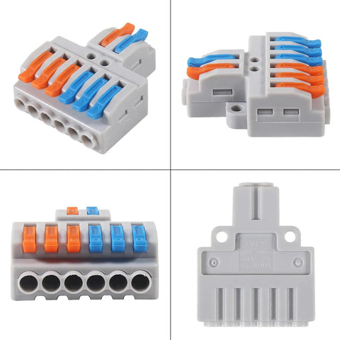 10Pcs 2 In 6 Out Lever Wire Connector Kit for DIY Quick Connect Push In Splitter Blocks, shown from various angles