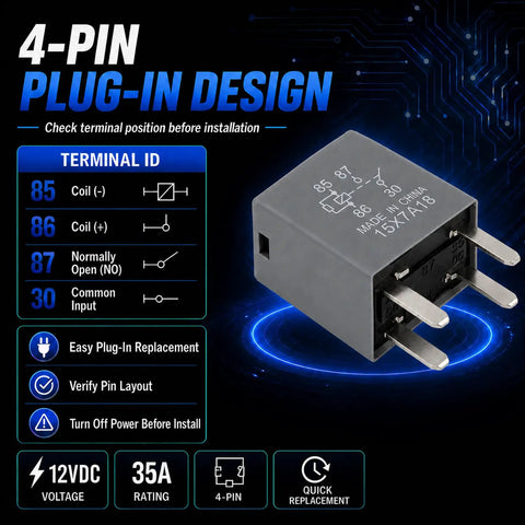6 Pack 12V 35A 4 Pin Automotive Relay Replacement For Dodge Jeep Chrysler Ram Vehicles 68083380AA Ready To Drop In And Power Up Electrical Systems Today. 12VDC 35A relay, 4-pin plug-in design
