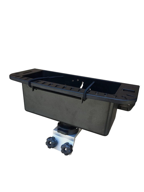 60 Degree Boat Track Tool Holder For SmokerCraft Boats, Polar Kraft Track, Starcraft Cockpit Organizer With Storage Box, Easy Install And Reposition, Quickly Move Base Along Track For Tackle, Tools, And Fishing Gear, black plastic