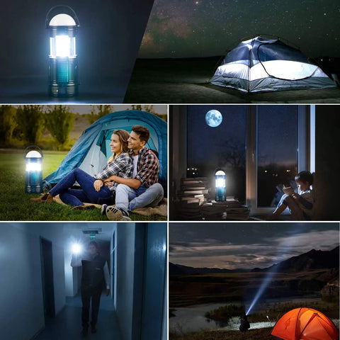 Collage of 4 Pack Solar Lantern Flashlights For Camping And Emergencies USB Rechargeable 2000mAh Battery in various settings
