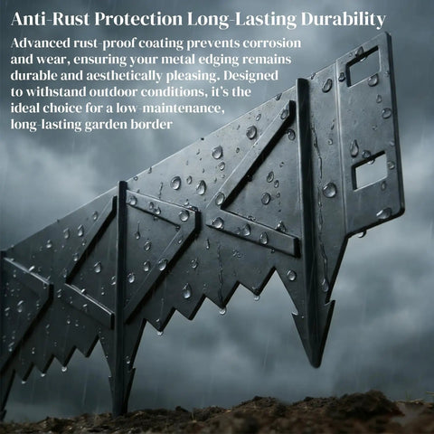 Rain-soaked metal panel from Six Pack Heavy Duty Metal Landscape Edging Kit With Hammer In Stakes For No Dig Garden Borders